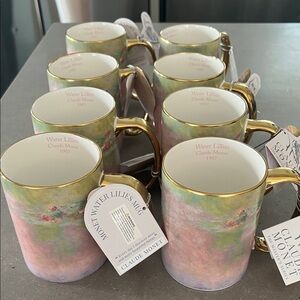 Claude Monet 'Water Lilies' Porcelain Mug - Pastel Pink & Green with Gold Trim